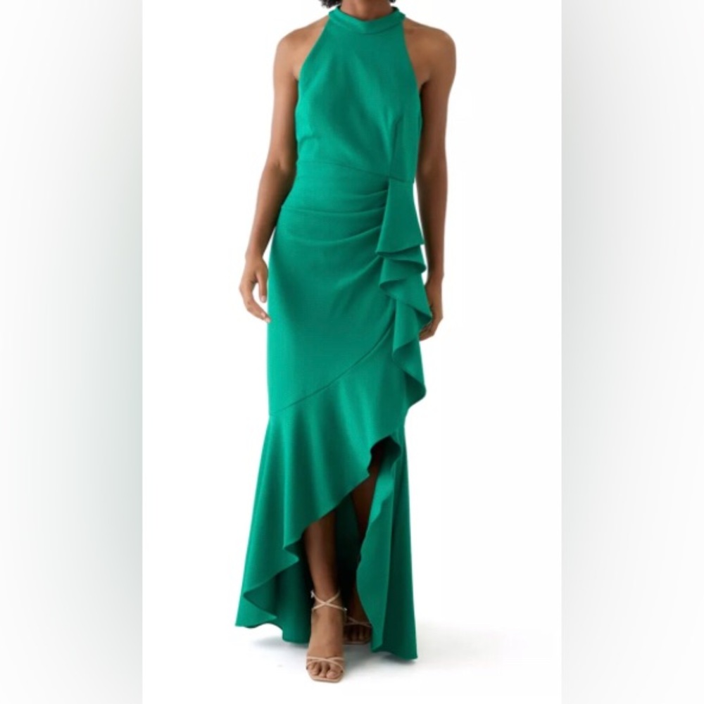 Brand new Betsy & Adam halter Ruffled side slit high -low  Gown sz 12